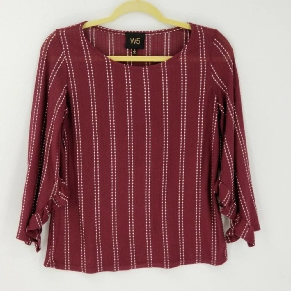 Anthropologie W5 Red Ruffle Cuff Pin Stripe Round Neck Blouse Top Size Small